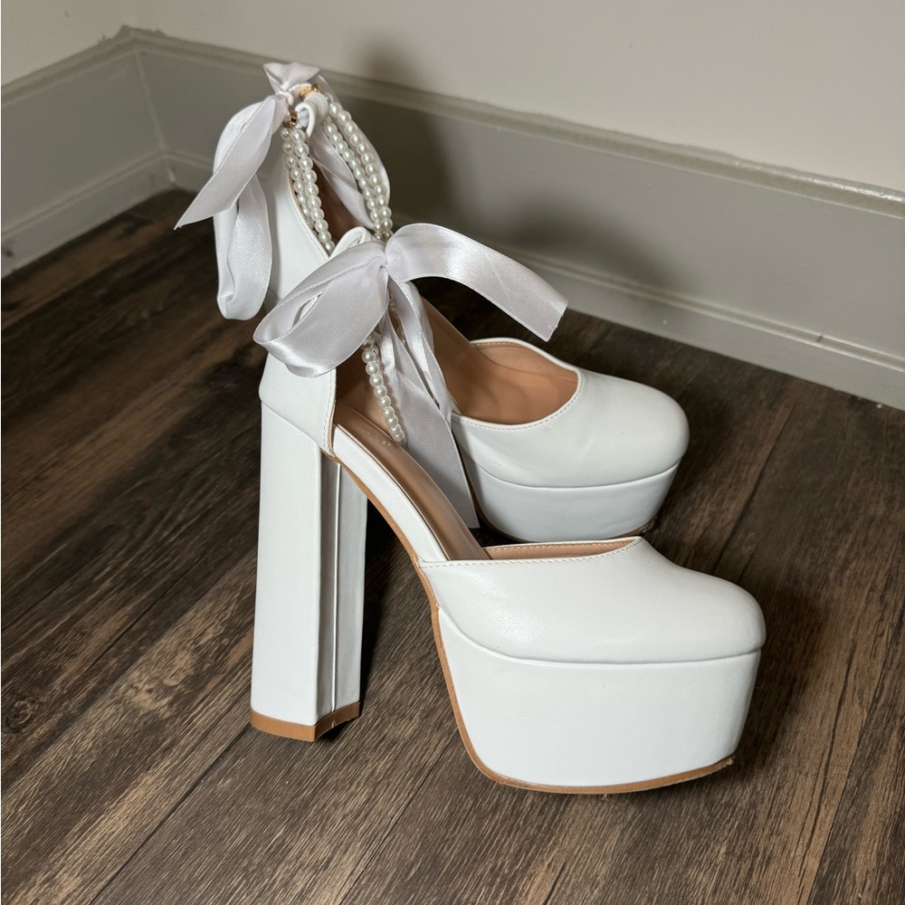 White Chunky Platform Heels with Faux Pearl Strap and Bow